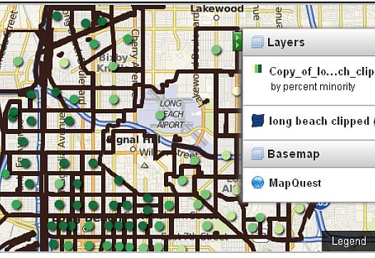 The above map, which can be viewed in full at http://geocommons.com/maps/96184#, shows Long Beach broken down geographically by 