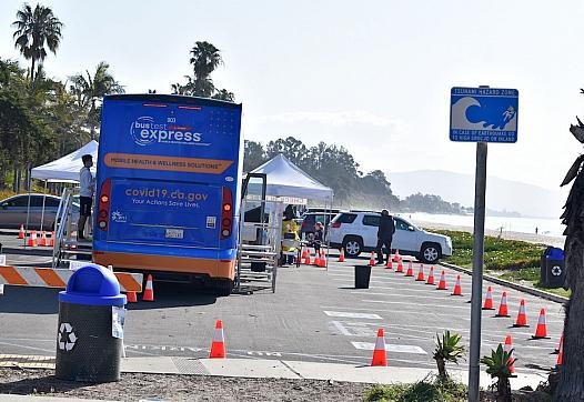 Santa Barbara County’s mobile COVID-19 testing unit was parked at Santa Barbara’s East Beach on Friday.
