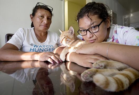 Orange Chicken the cat enjoys the late afternoon sun with his owner Carolina Torres and her mother Margarita Montes.