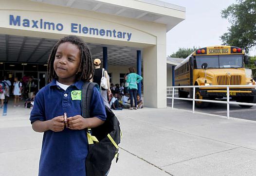 Kindergartner Tyree Parker waits for his grandmother, Loneiyce Washington, to pick him up from Maximo Elementary.