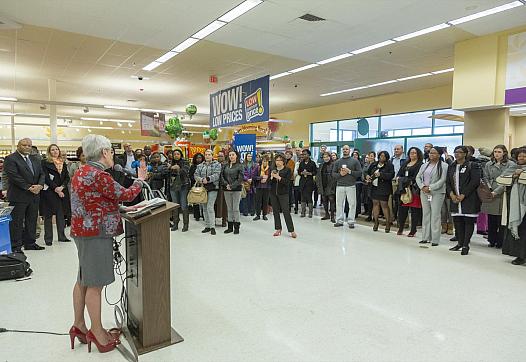 A gathering marks the opening of a "MOMS Hub" in a Stop & Shop in New Haven, Conn.