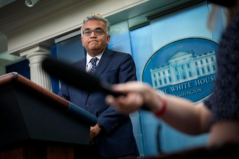 Dr. Ashish Jha speaking before the press at the White House.