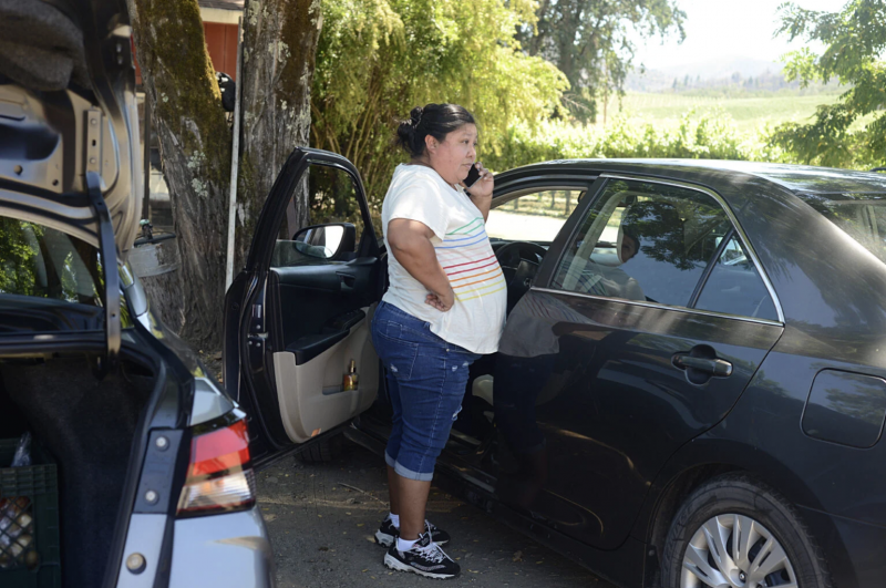 Diana Gomez Martinez lets a group of farm workers know the promotoras have arrived with food boxes on June 23 2021. Dana Ullman / The Mendocino Voice