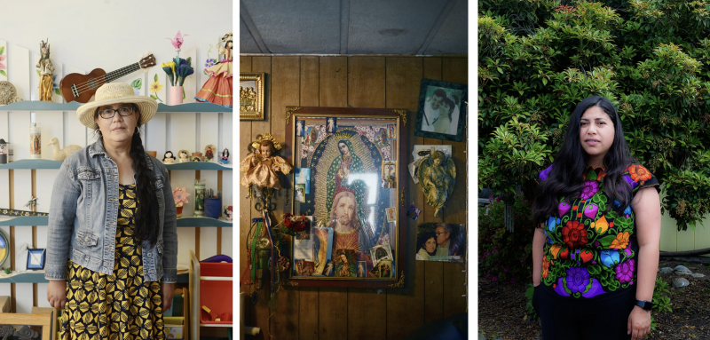 (izquierda) Un retrato de Graciela Botello, promotora de salud conocida por muchos como ‘Chela’, en la oficina de Nuestra Alianza de Willits el 23 de junio de 2021. (centro) Íconos religiosos en la pared de la casa de los Gutiérrez. (derecha) Retrato de Keily Becerra, promotora y coordinadora del programa. Dana Ullman / The Mendocino Voice
