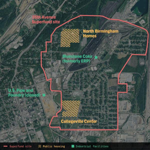 The map shows the 35th Avenue Superfund site in North Birmingham. The Collegeville Center and the North Birmingham Homes both are within the boundary of the Superfund site, an area that’s endured industrial pollution for years. Though the EPA says the area is cleaned up, the agency’s own records show that there are still toxic chemicals in the area. The map may not have the full extent of the Superfund location. Map: APM Reports, The Intercept