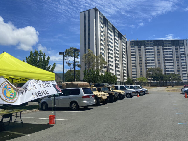 Tents for coronavirus surge testing are set up at Kuhio Park Terrace in Kalihi. The city hopes to test as many as 90,000 people during a three-week testing surge.