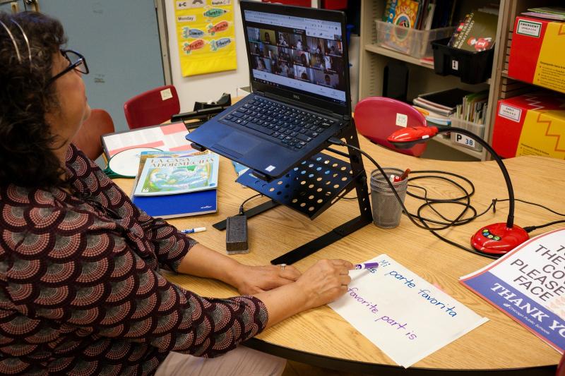 Contreras grew accustomed to teaching remotely as the fall wore on. She got a document camera that allows her to show her students work in real time. Michelle Kanaar / WBEZ