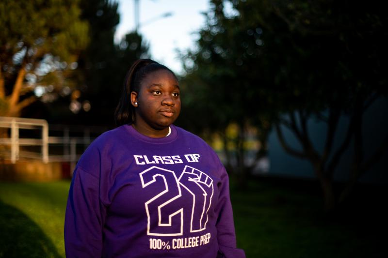 Shavonne Hines-Foster poses for a photo at Lowell High School in San Francisco on Jan. 29, 2021. (Beth LaBerge/KQED)