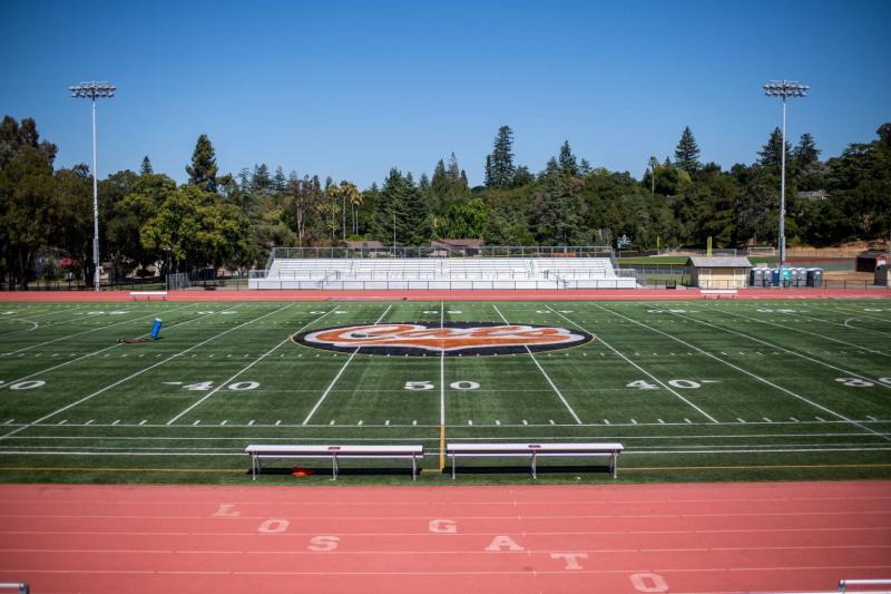 The football field and track at Los Gatos High School is empty during summer vacation on July 21, 2021. (Beth LaBerge/KQED)