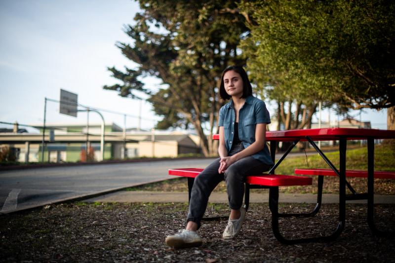 Justine Orgel poses for a portrait at Lowell High School in San Francisco on Jan. 9, 2020. (Beth LaBerge/KQED)