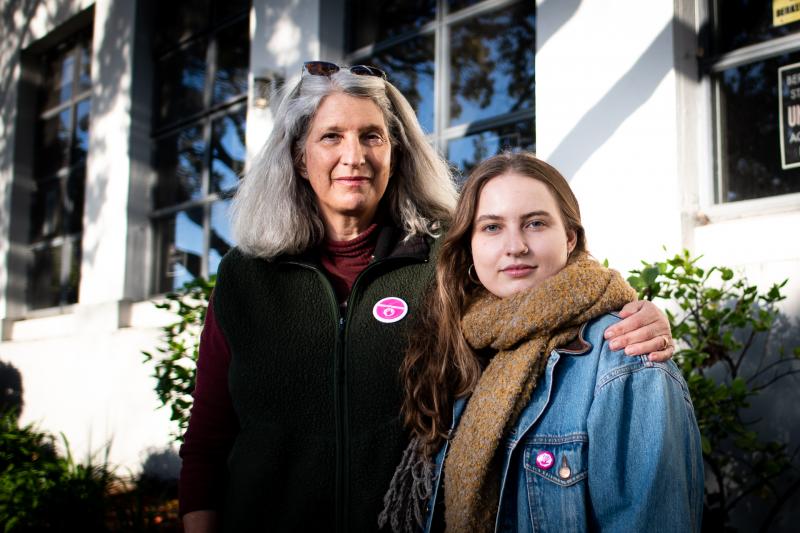 Liana Thomason, right, a Berkeley High alum, founded the group BHS Stop Harassing. Her mother Heidi Goldstein continues to be an adult adviser for the group. (Beth LaBerge/KQED)