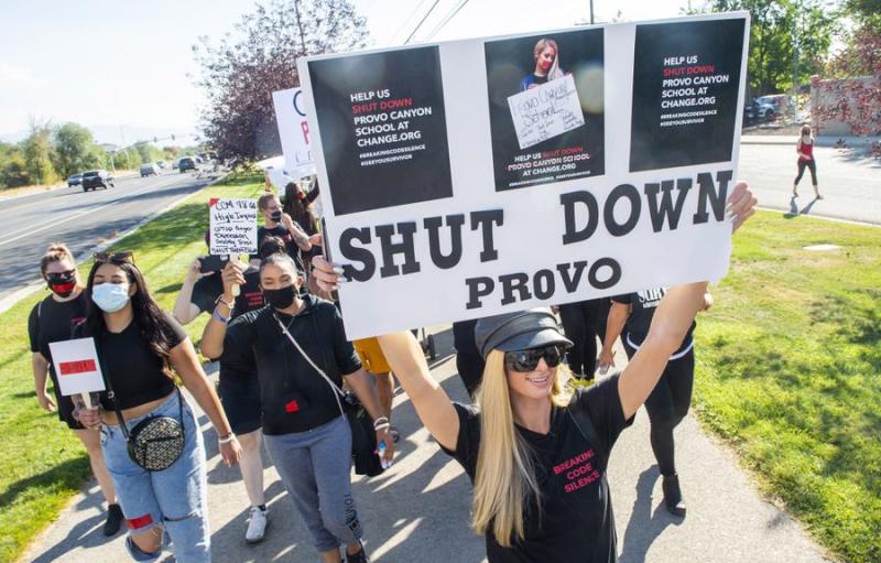 (Rick Egan | The Salt Lake Tribune) Paris Hilton leads a march to the Provo Canyon School, during a rally calling for the closure of Provo Canyon School, a residential treatment center in Utah she attended when she was a teen, on Friday, Oct. 9, 2020.