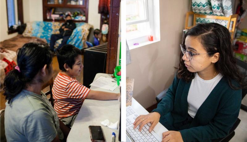 Serai Camarillo supports her son Noah Ayala, 6, as he learns remotely, and Jessica Vega teaches eighth grade from her basement in Brighton Park. Michelle Kanaar, Manuel Martinez / WBEZ