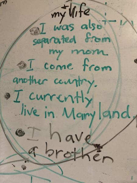 A whiteboard in a classroom. Educators encourage students to share their personal stories as a way to feel proud of their heritage, recognize how strong they are and process trauma. Credit: Kavitha Cardoza for The Hechinger Report