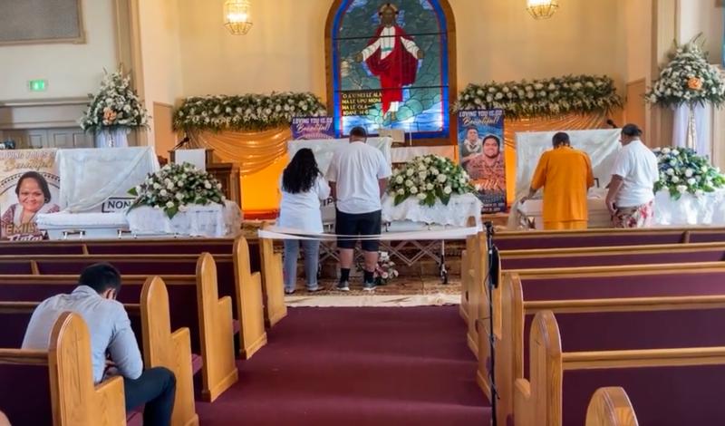 Mourners on Aug. 27, 2021 remember 23-year-old twin brothers Joel “Seali’i” Savea and Joey “Faleono” Savea and their cousin Emily “Fia” Memea, 40, who all died of COVID. The three were beloved members of the Fourth Samoan Congregational Christian Church of Long Beach. Photo courtesy of Fourth Samoan Congregational Church. 