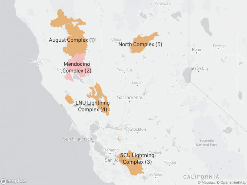 Four of the five largest fires in California history occurred in 2020. One, the Mendocino Complex, was in 2018. (Credit: Cal Fire; data as of Sept. 25, 2020)