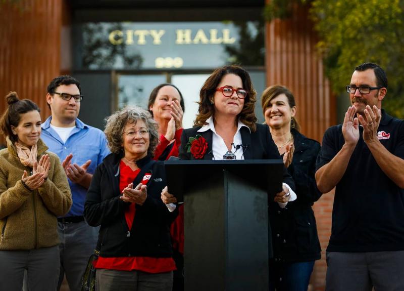 San Luis Obispo mayor-elect Heidi Harmon, surrounded by election staff and supporters, delivers an address in front of City Hall after her election in 2016. Joe Johnston JJOHNSTON@THETRIBUNENEWS.COM