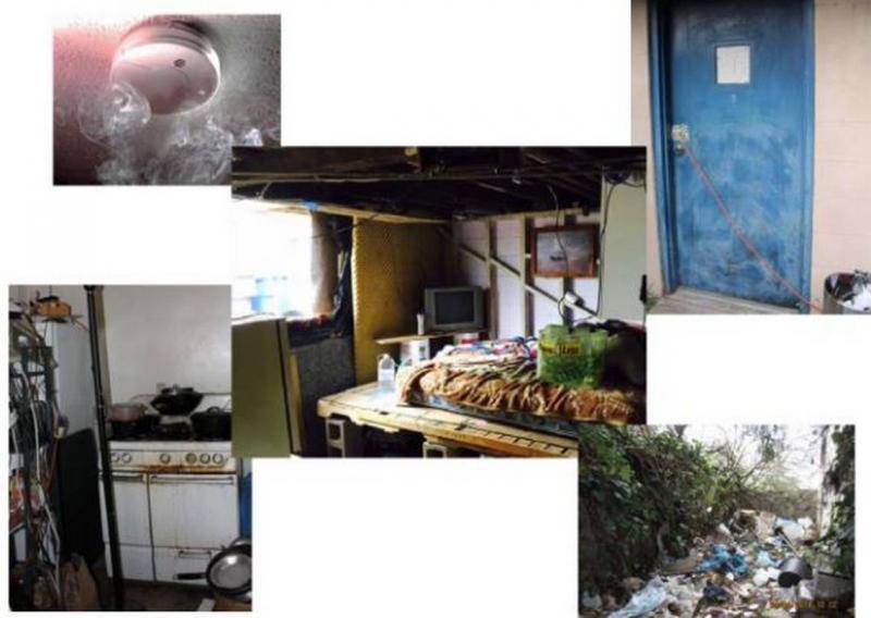 A collage of poor housing conditions shows a variety of substandard living situations in San Luis Obispo, including garbage piled up in a yard, overloaded electrical sockets, an illegal garage conversion and a unit powered by a single electrical wire strung through the doorknob. City of San Luis Obispo