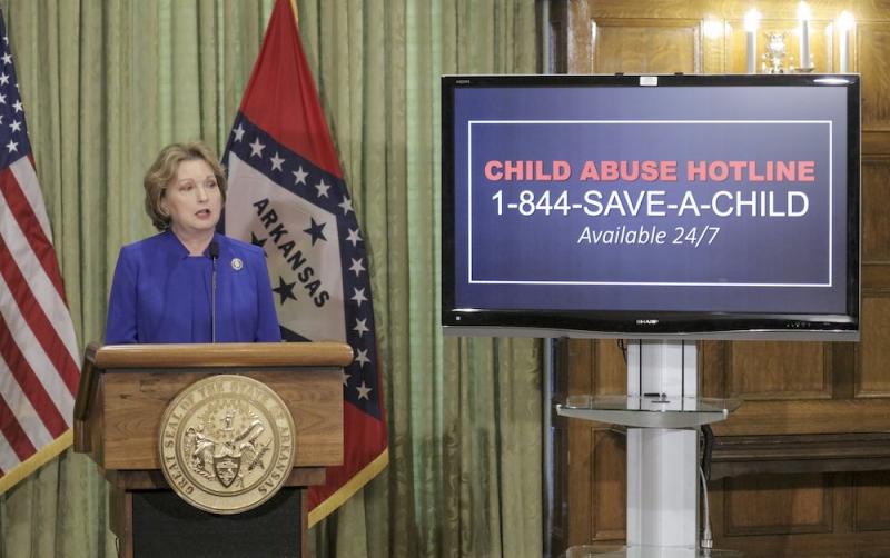 First Lady Susan Hutchinson talks about child abuse during the covid-19 outbreak on April 20, 2020, at the Governor's Conference Room in the state Capitol in Little Rock.