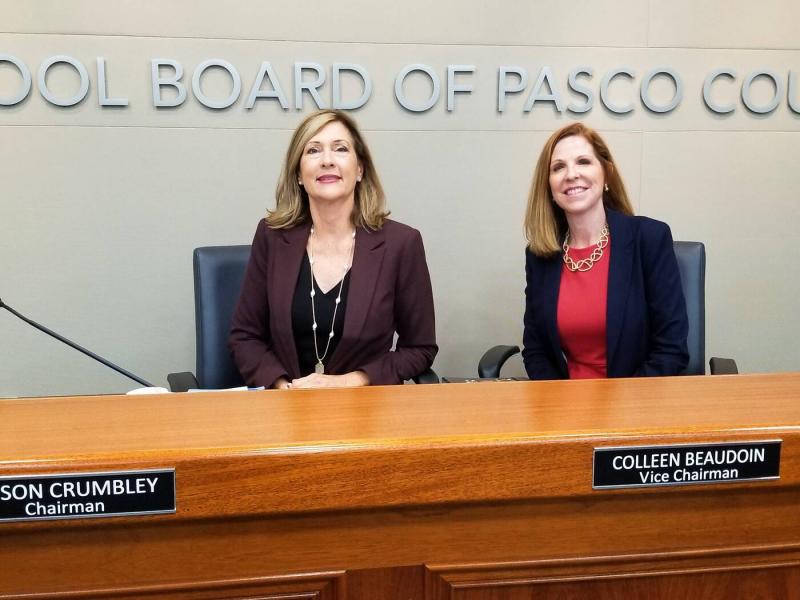 Pasco School Board member Alison Crumbley and chairwoman Colleen Beaudoin at a 2019 meeting. Beaudoin did not return multiple calls for comment. Crumbley said there were “appropriate safeguards in place” for student privacy. Times file