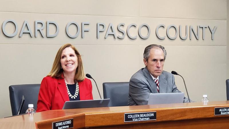 Pasco County School Board member Colleen Beaudoin and chairman Allen Altman at a meeting last year. [ JEFFREY S. SOLOCHEK | Times Staff ]