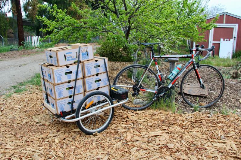 A bicycle with a trailer affixed to the back is loaded with food boxes to deliver during a Saturday morning session of the Eastside Connect program led by Veggielution and the Silicon Valley Bicycle Coalition on April 3, 2021. Courtesy Silicon Valley Bicycle Coalition.
