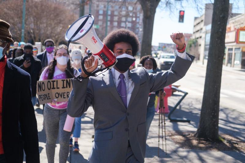 Justin Pearson leads chants during a march against the construction of the Byhalia Connection Pipeline, Tuesday, Feb. 23, 2021, in Memphis, TN. Brandon Dahlberg/For CommercialAppeal.com