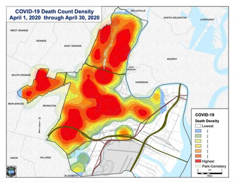 A heat map compiled by the city showing the density of COVID-19 deaths in Newark in April.