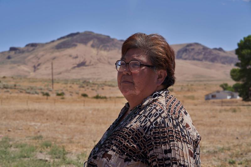 Chairwoman Maxine Redstar poses in front of Red Mountain (Minerva mountain) on July 19, 2022 on the Fort McDermitt Paiute and Shoshone Indian Reservation. ALEJANDRA RUBIO, FOR USA TODAY