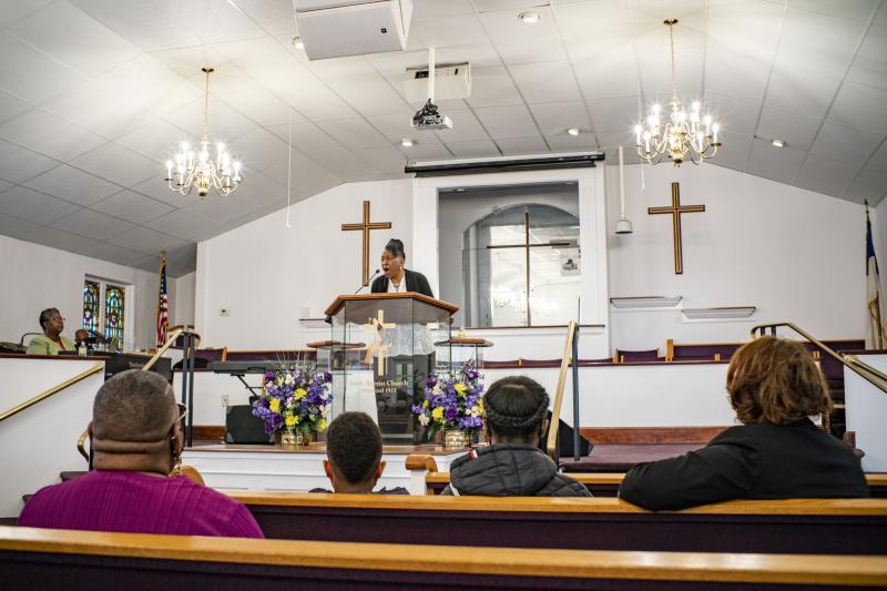 Rev. Dr. Yvonne Bibbs delivers a sermon during a March Sunday service at Sixth Baptist Church in Richmond, Va. Winn partnered with Bibbs to create an online forum called Facts & Faith Fridays during the pandemic. CARLOS BERNATE FOR STAT