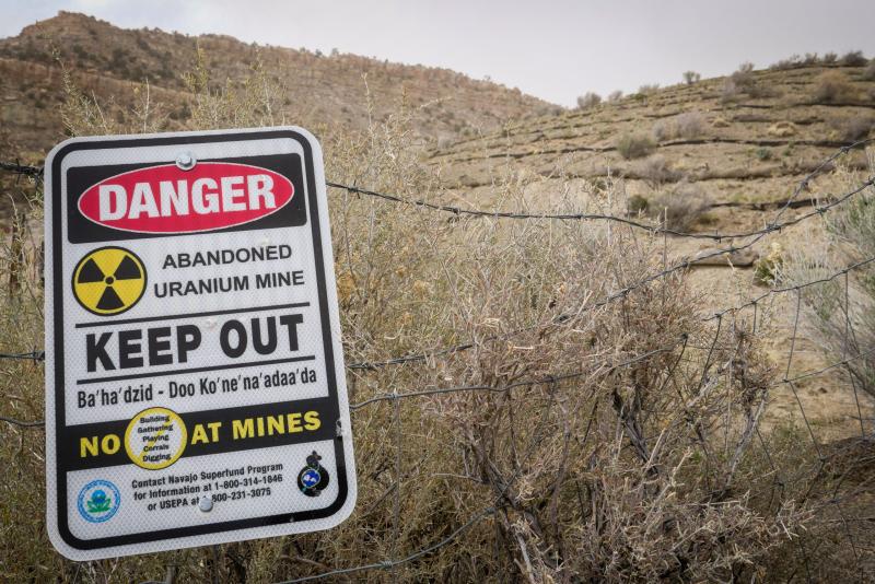 A warning sign outside the Church Rock uranium mine near the Navajo community at Red Water Pond Road, about 10 miles east of the town of Gallup, New Mexico. Photo: Eli Cahan