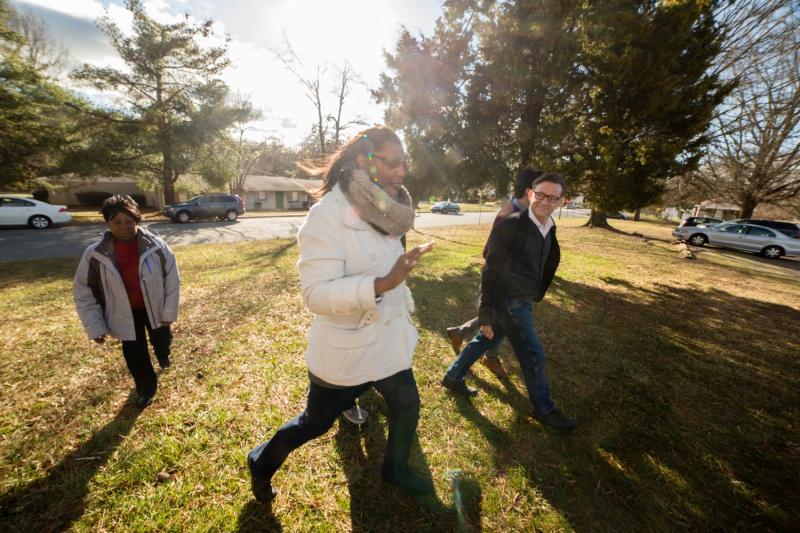 In 2017, community activist Sandra Williams, from left, Josie Williams of the Greensboro Housing Coalition, and then Center for Housing and Community Studies at the University North Carolina-Greensboro Director Stephen Sills examined asthma hot spots in Greensboro, North Carolina. Josie Williams is now executive director of the Greensboro Housing Coalition. PHOTO COURTESY UNIVERSITY OF NORTH CAROLINA-GREENSBORO
