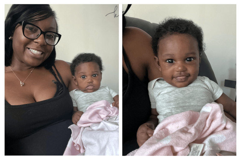 Left: DeShawna “Shay” Wright, a hairstylist in San Bernardino county, gave birth to her daughter Noni in February 2022 with the support of a doula. Right: Noni, Wright’s daughter, grins as her mother takes her picture (Image courtesy of DeShawna Wright).