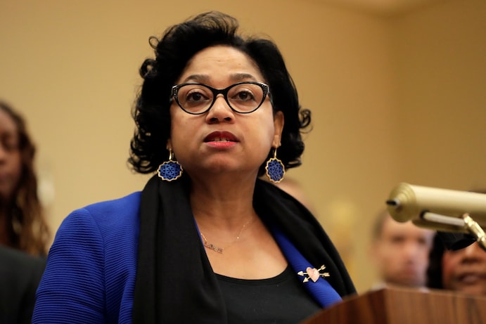 Maryland Delegate Joseline A. Peña-Melnyk speaks during a news conference during the first day of the state's 2020 legislative session in Annapolis. (AP Photo/Julio Cortez)