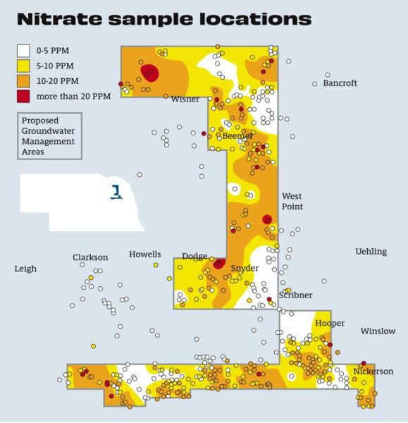 Lower Elkhorn Natural Resources District staff proposed a groundwater management area in 2020 after the median nitrate levels in 460 square miles of Cuming, Dodge and Colfax counties hit the district’s threshold for Phase 2 — at least 20% of the monitored wells have nitrate concentrations between 5 and 9 parts per million. The designation would have subjected the area to heightened regulations such as a ban on fall and winter application of nitrogen fertilizer. The NRD’s board declined to go to Phase 2, and instead voted to conduct more study. (Data: Lower Elkhorn NRD/Map: Hanscom Park Studio)