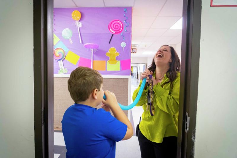 Cari Cockrell, principal at Chisholm Trail Elementary School, laughs with a student in the chill zone in March. The room was put in last year with the help of grant money to give students a place to unwind and relax so that they have better classroom outcomes.  Mark Mulligan, Houston Chronicle / Staff photographer