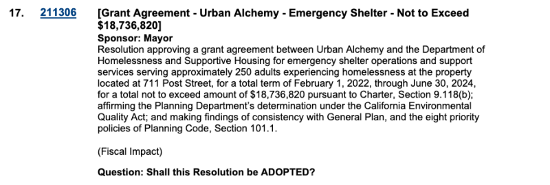 Agenda item from the Feb. 8, 2022 Board of Supervisors meeting. The supervisors approved Urban Alchemy's contract unanimously.