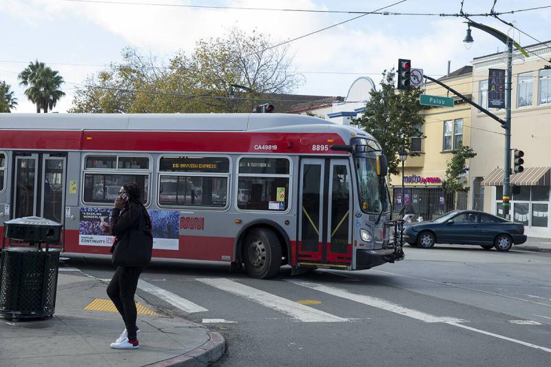 A 15-Bayview Express Muni bus turns onto Third Street from Palou Avenue. The new bus route was created in early 2021 in response to advocate criticisms of the reliability of the T-Third line in connecting residents with essential jobs and services downtown. (Kevin N. Hume/The Examiner)
