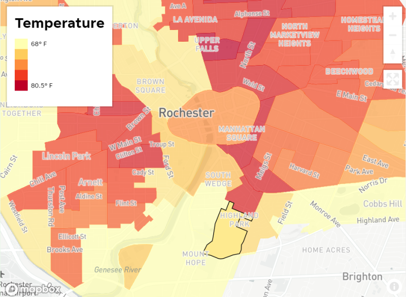 Here, the air is more than five degrees cooler than the city median on a summer day. Rates of asthma and poor health are among the lowest in Rochester.