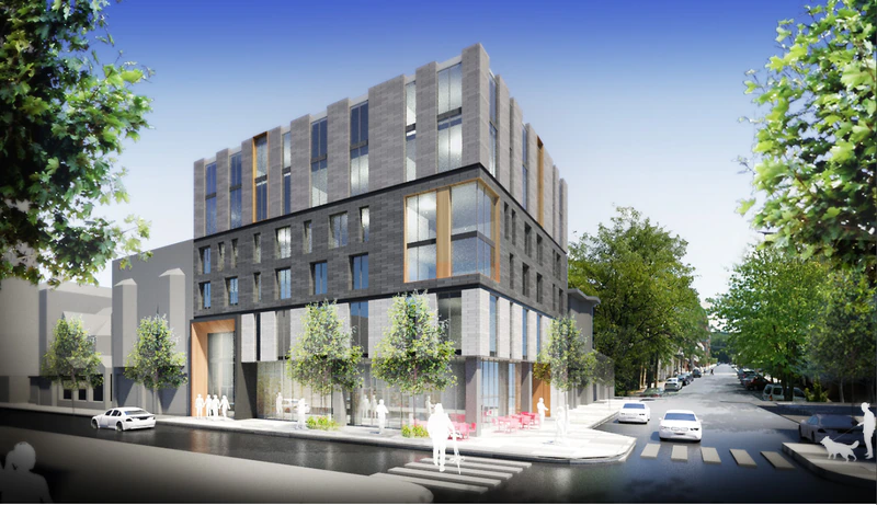 Developer Dennis Benner has scaled back his plans for a nine-story building at Fourth and Vine streets in Southside Bethlehem.Courtesy Sitio Architecture + Urbanism