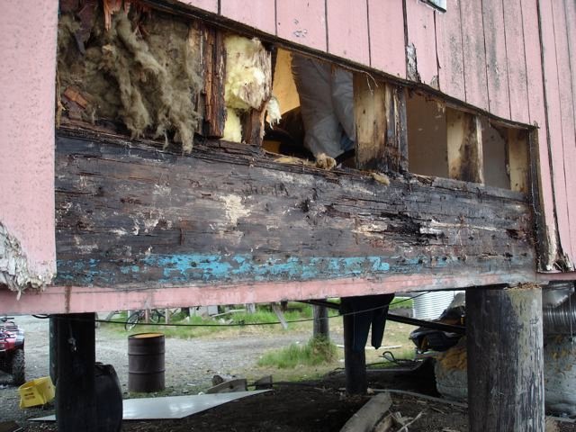 An exposed beam on a home in Quinhagak, Alaska shows severe moisture damage. Researchers are seeking to find building technologies that are more appropriate for Arctic environments. ( Cold Climate Housing Research Center)