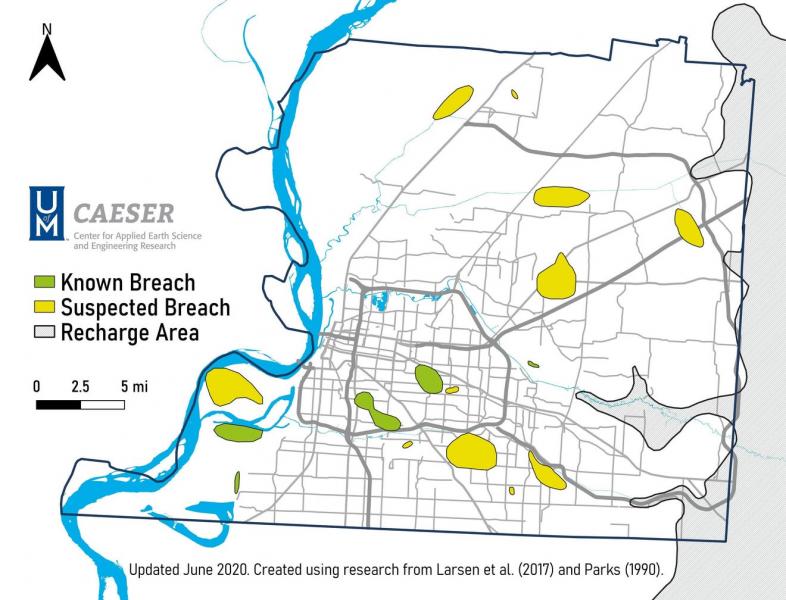 Known and suspected breaches in the Upper Claiborne Confining. Unit, identified by the Center for Applied Earth Science and Engineering Research of the University of Memphis. In the recharge area to the east, the confining clay layer terminates, leaving the Memphis Sand aquifer in direct contact with shallow groundwater. The deep drinking water aquifer, the Memphis Sand also interacts with shallow water at breaches, where the clay is thin or non-existent. Known breaches have been corroborated both in models and real-world geological investigations. Suspected breaches have been identified using modeling and are yet to be physically validated Center For Applied Earth Science And Engineering Research