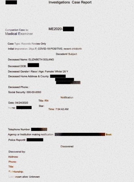 Elizabeth Solano's redacted 2020 death certificate from the Cook County Medical Examiner.