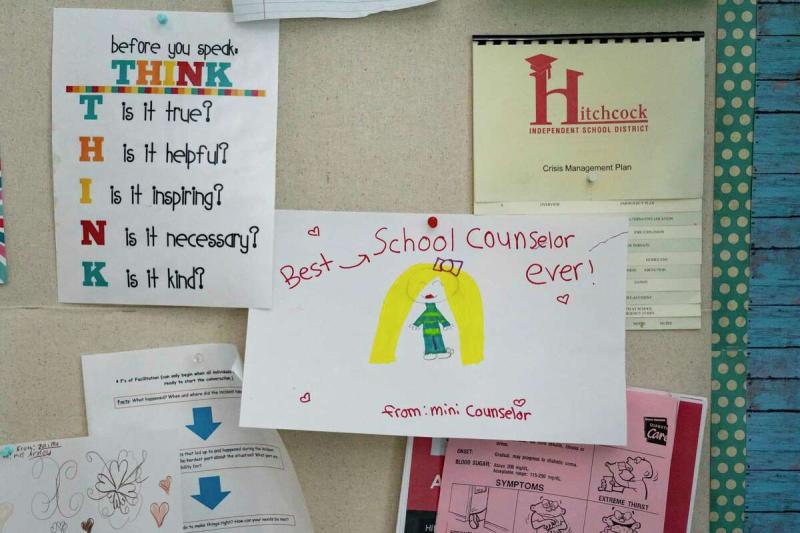 A drawing made by a student is pinned on a wall in Stewart Elementary School counselor Melissa Arnold's office in Hitchcock. Mark Mulligan, Houston Chronicle / Staff photographer