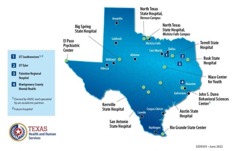 Map showing locations of state hospital and contracted beds. (Courtesy: Texas Health and Human Services Commission)